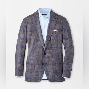 Peter Millar Espresso Dawson Plaid Soft Jacket Sport Coat Blazer Suit Brown Blue